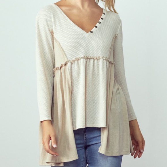 078 Boho Color Block 3/4 Sleeve babydoll Top - Picture 5 of 5